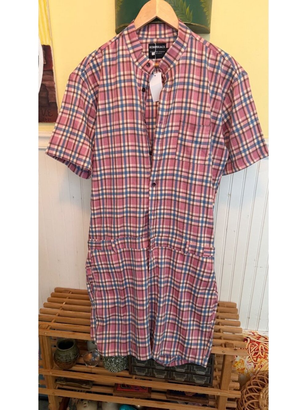 Romperjack Mens Plaid Short Sleeve Button-Up Romper With Elastic Waist
